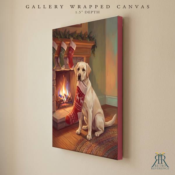 Custom dog portrait of a dog carrying its own Christmas stocking to the fireplace as a gallery wrapped canvas with finished edges