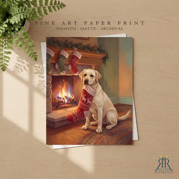 Custom dog portrait of a dog carrying its own Christmas stocking to the fireplace as a framed fine art paper print