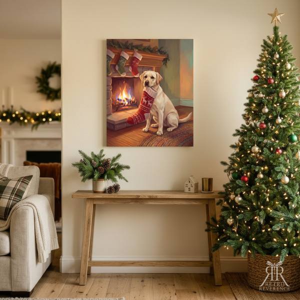 Custom dog portrait of a dog carrying its own Christmas stocking to the fireplace, framed and hanging on a wall at home