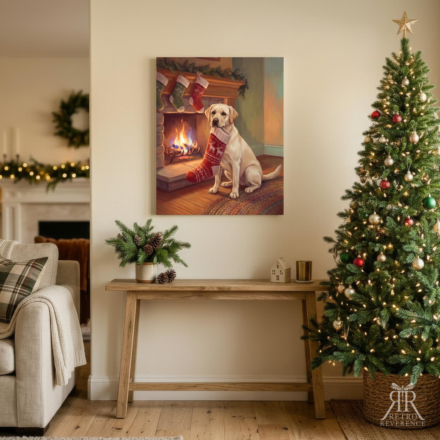 Custom dog portrait of a dog carrying its own Christmas stocking to the fireplace, framed and hanging on a wall at home