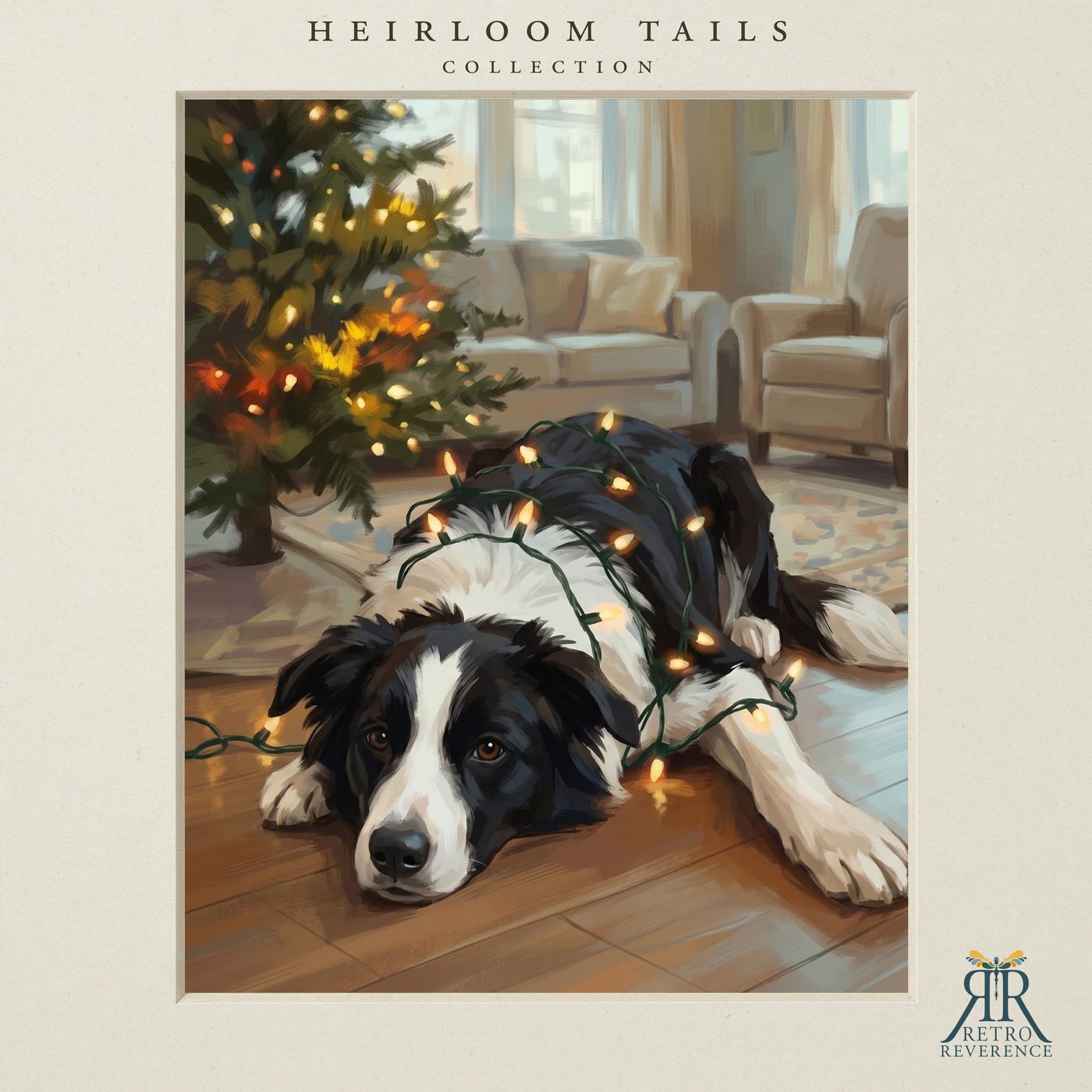 Custom dog portrait of a dog lying in a tangle of warm white Christmas lights, illustrated in a painterly vintage style