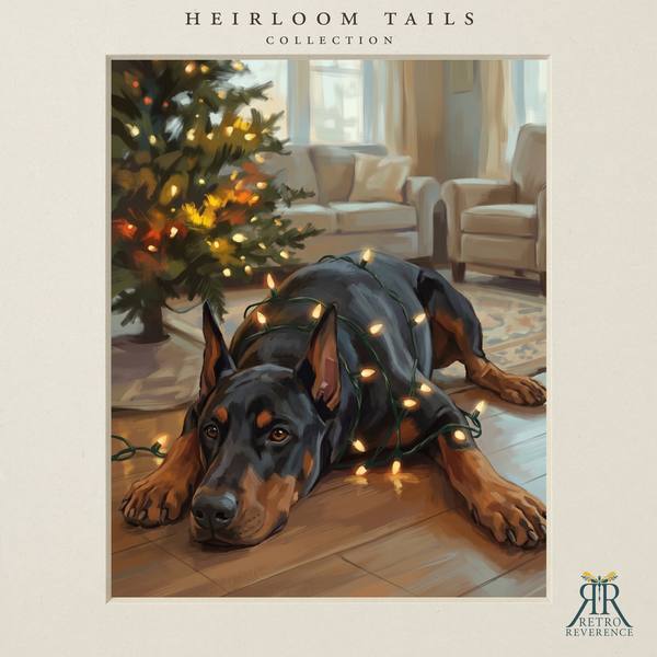 The same scene of a dog lying in a tangle of warm white Christmas lights, rendered with a different dog, showing how the portrait adapts to any coat and markings