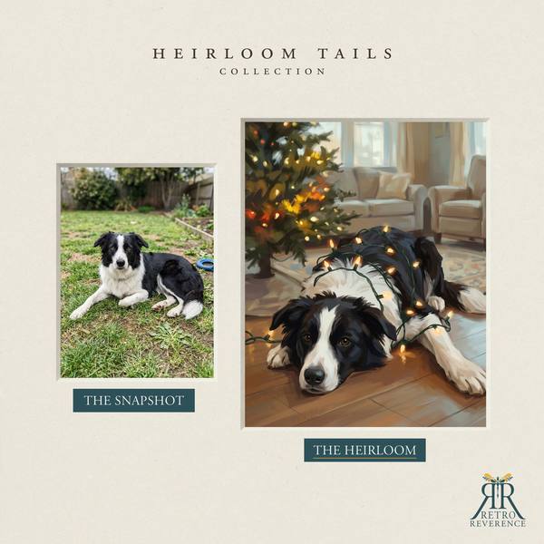 Custom dog portrait before and after: the customer’s original photo beside the finished illustration of a dog lying in a tangle of warm white Christmas lights
