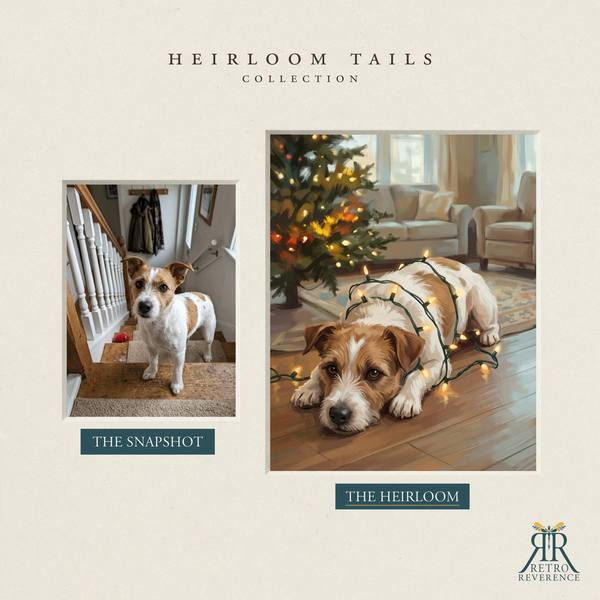 Another before and after, showing a different dog photo transformed into the scene of a dog lying in a tangle of warm white Christmas lights