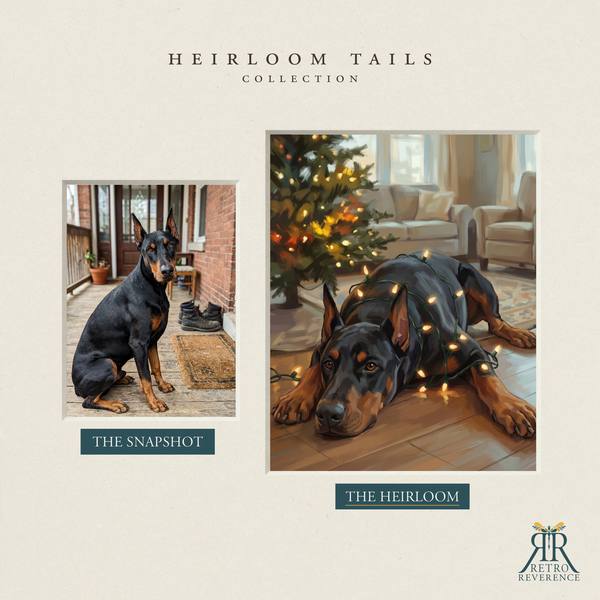 Another before and after, showing a different dog photo transformed into the scene of a dog lying in a tangle of warm white Christmas lights