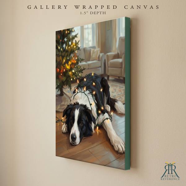Custom dog portrait of a dog lying in a tangle of warm white Christmas lights as a gallery wrapped canvas with finished edges