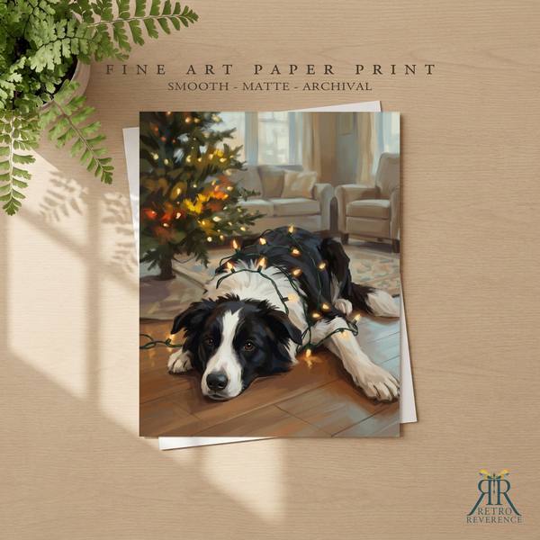 Custom dog portrait of a dog lying in a tangle of warm white Christmas lights as a framed fine art paper print
