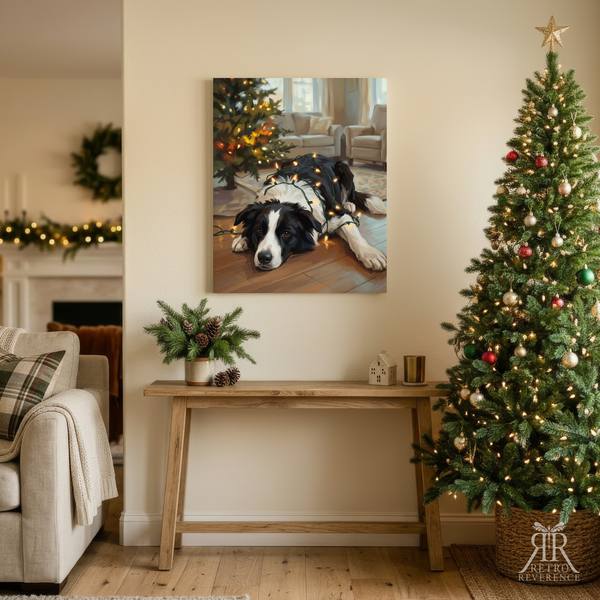 Custom dog portrait of a dog lying in a tangle of warm white Christmas lights, framed and hanging on a wall at home