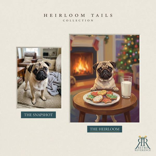 Custom dog portrait before and after: the customer’s original photo beside the finished illustration of a dog guarding the cookies and milk left out for Santa