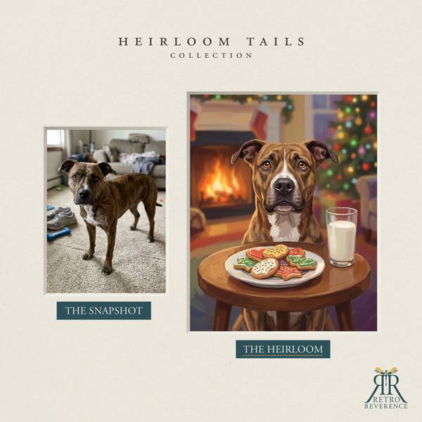 Another before and after, showing a different dog photo transformed into the scene of a dog guarding the cookies and milk left out for Santa