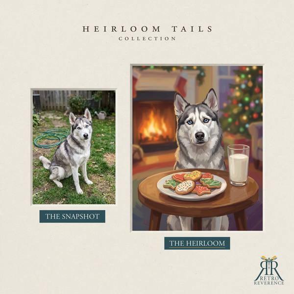 Another before and after, showing a different dog photo transformed into the scene of a dog guarding the cookies and milk left out for Santa