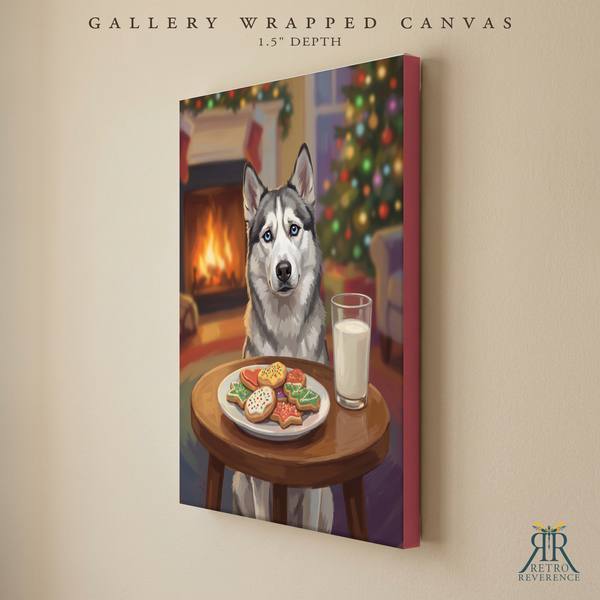 Custom dog portrait of a dog guarding the cookies and milk left out for Santa as a gallery wrapped canvas with finished edges