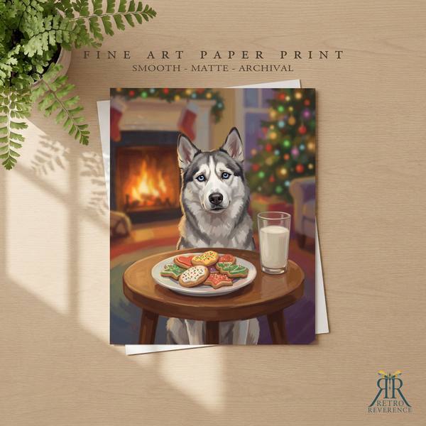 Custom dog portrait of a dog guarding the cookies and milk left out for Santa as a framed fine art paper print