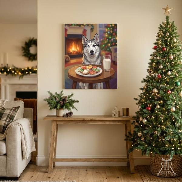 Custom dog portrait of a dog guarding the cookies and milk left out for Santa, framed and hanging on a wall at home