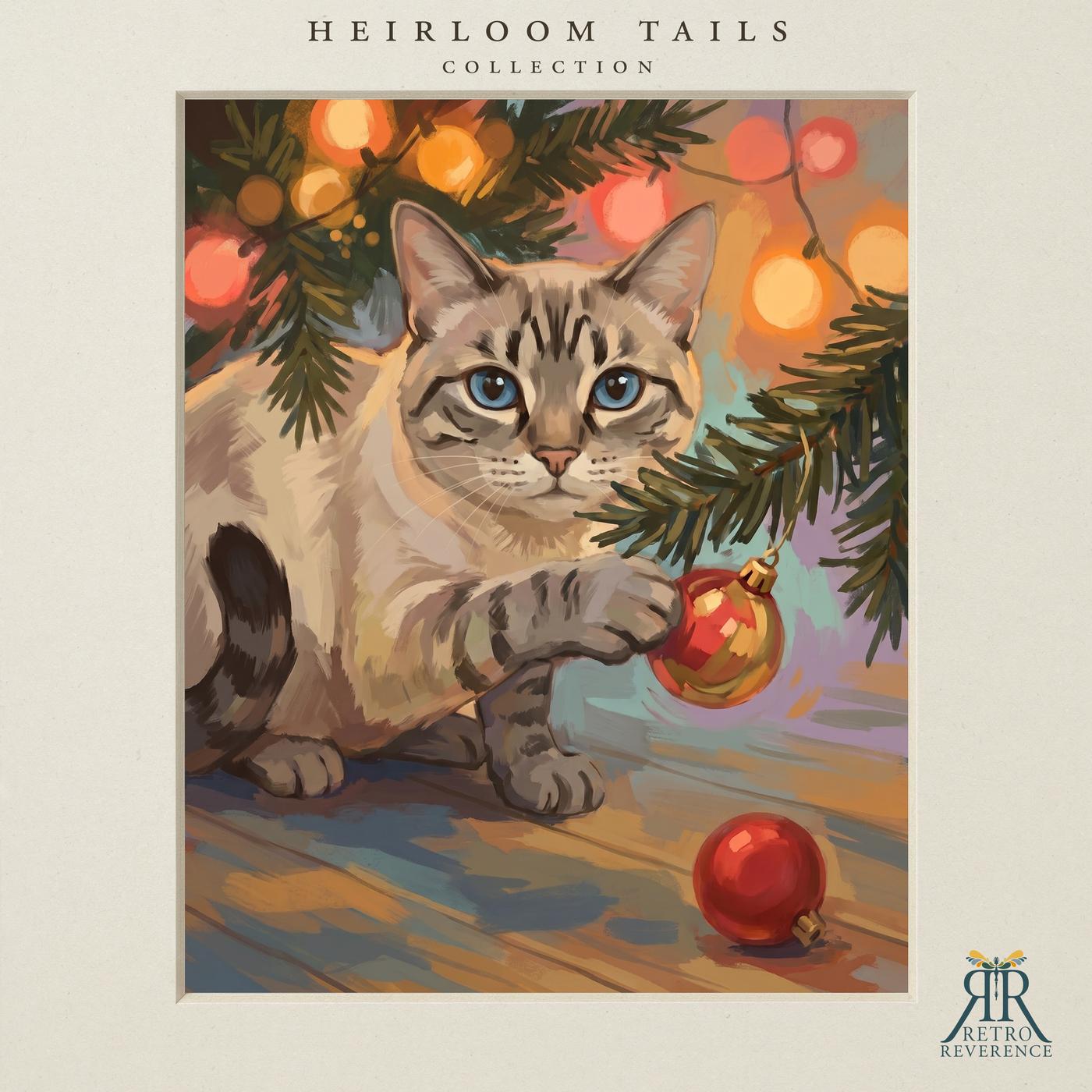 Custom cat portrait of a cat under the tree with one paw on a Christmas ornament, illustrated in a painterly vintage style