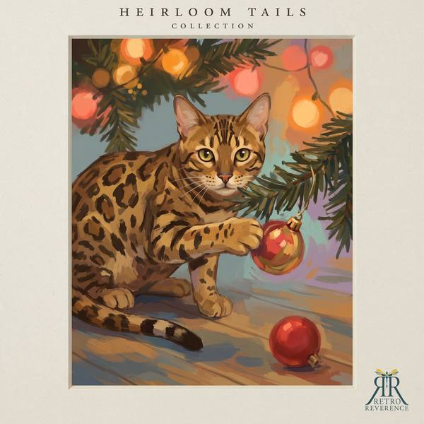 The same scene of a cat under the tree with one paw on a Christmas ornament, rendered with a different cat, showing how the portrait adapts to any coat and markings