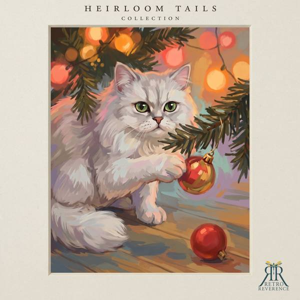 The same scene of a cat under the tree with one paw on a Christmas ornament, rendered with a different cat, showing how the portrait adapts to any coat and markings