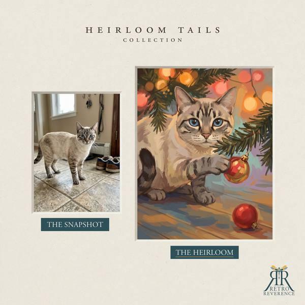 Custom cat portrait before and after: the customer’s original photo beside the finished illustration of a cat under the tree with one paw on a Christmas ornament
