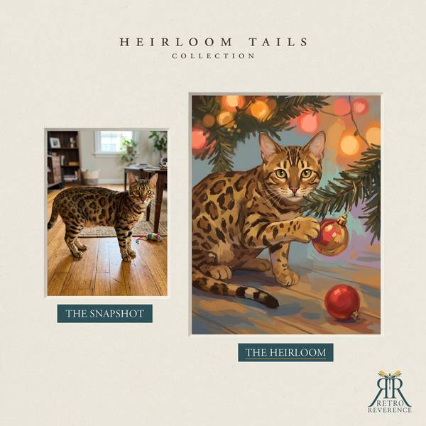 Another before and after, showing a different cat photo transformed into the scene of a cat under the tree with one paw on a Christmas ornament