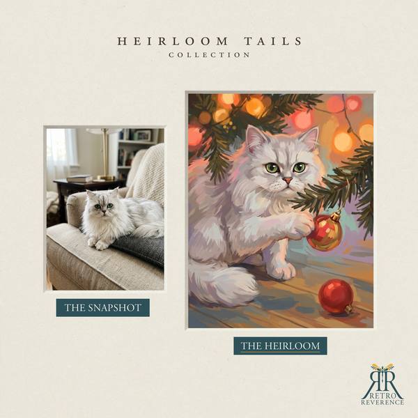 Another before and after, showing a different cat photo transformed into the scene of a cat under the tree with one paw on a Christmas ornament