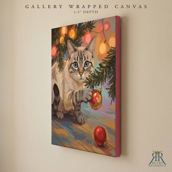 Custom cat portrait of a cat under the tree with one paw on a Christmas ornament as a gallery wrapped canvas with finished edges