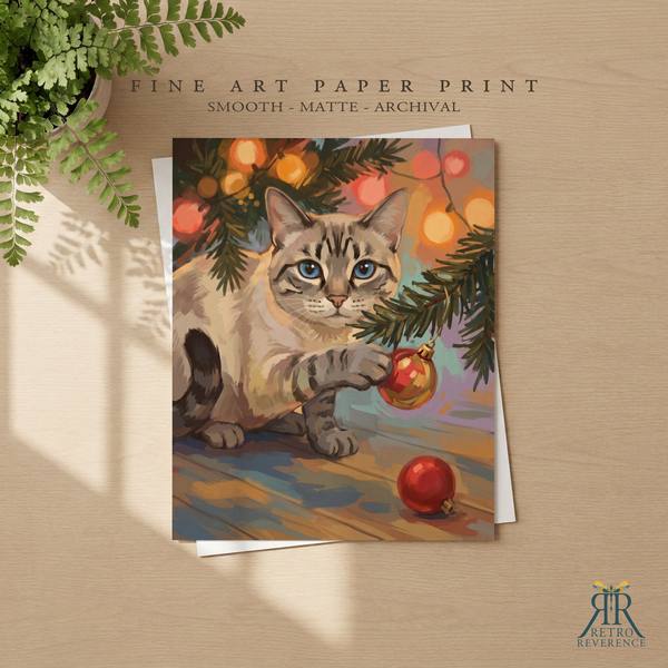 Custom cat portrait of a cat under the tree with one paw on a Christmas ornament as a framed fine art paper print