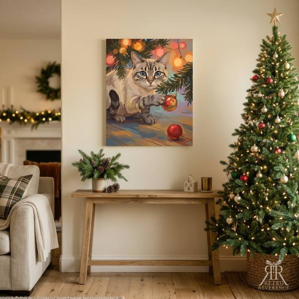 Custom cat portrait of a cat under the tree with one paw on a Christmas ornament, framed and hanging on a wall at home