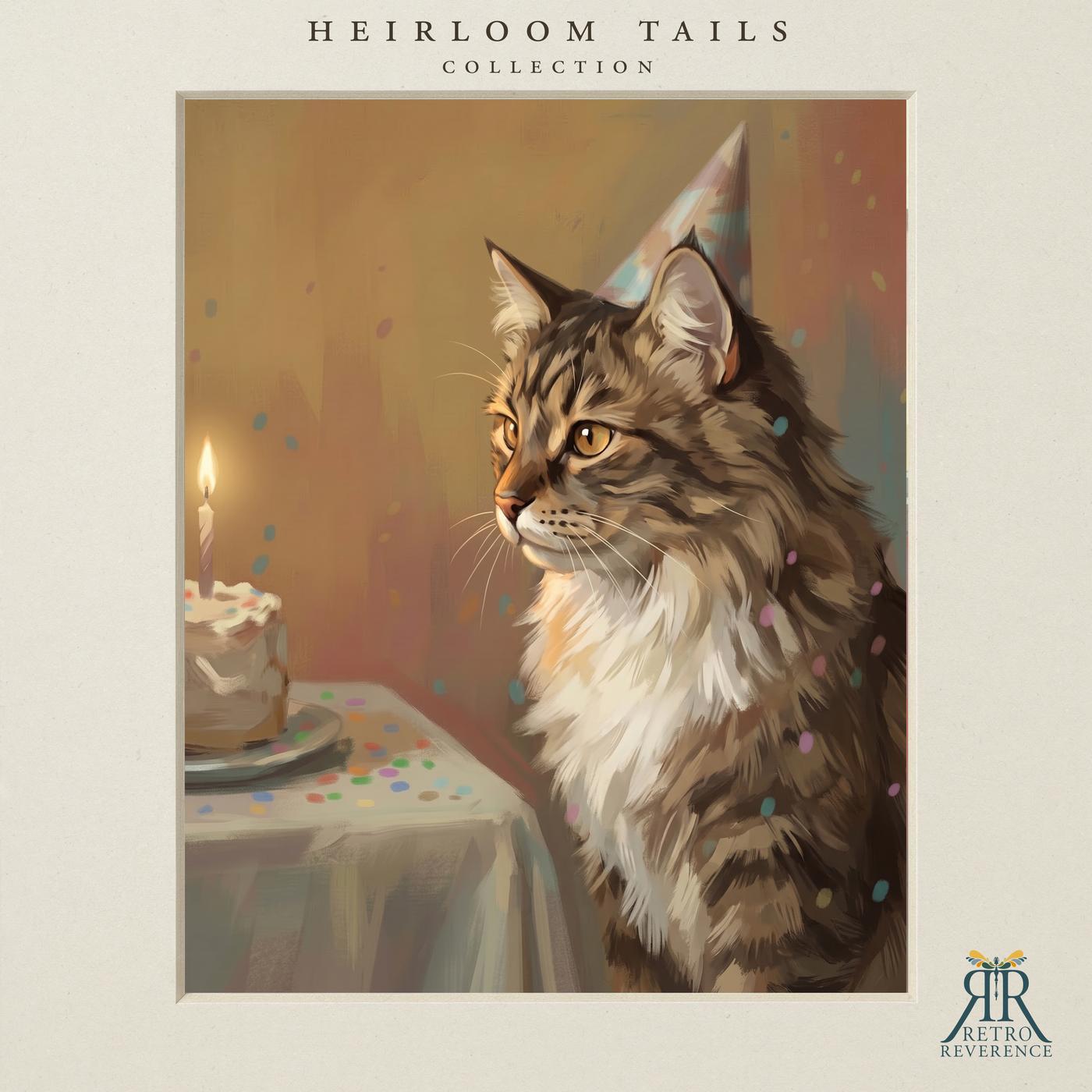 Custom cat portrait of a cat beside a birthday cake wearing a small party hat, illustrated in a painterly vintage style