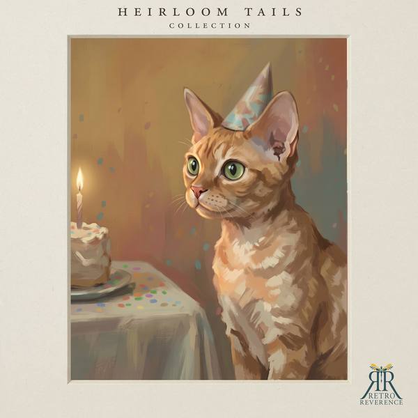 The same scene of a cat beside a birthday cake wearing a small party hat, rendered with a different cat, showing how the portrait adapts to any coat and markings