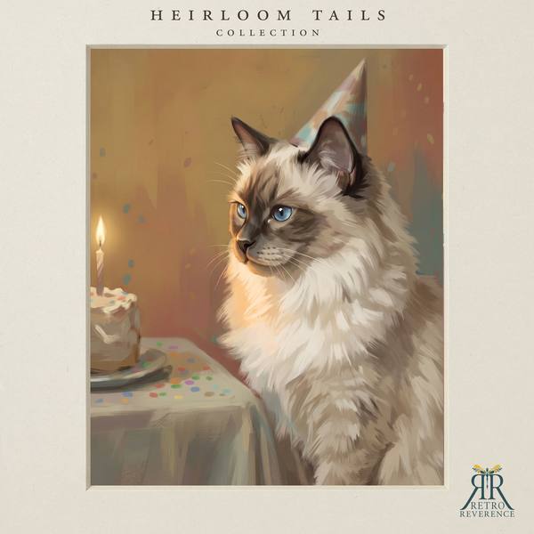 The same scene of a cat beside a birthday cake wearing a small party hat, rendered with a different cat, showing how the portrait adapts to any coat and markings