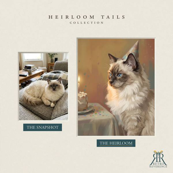 Custom cat portrait before and after: the customer’s original photo beside the finished illustration of a cat beside a birthday cake wearing a small party hat