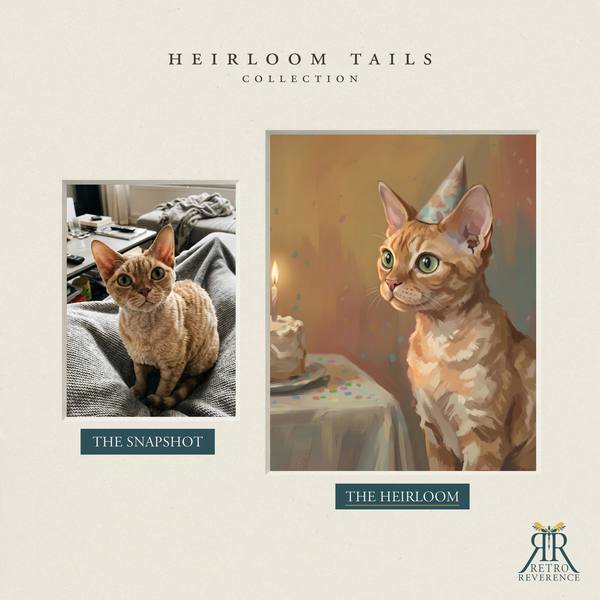 Another before and after, showing a different cat photo transformed into the scene of a cat beside a birthday cake wearing a small party hat