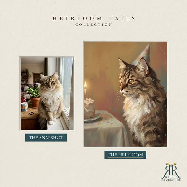 Another before and after, showing a different cat photo transformed into the scene of a cat beside a birthday cake wearing a small party hat