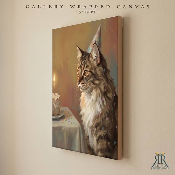Custom cat portrait of a cat beside a birthday cake wearing a small party hat as a gallery wrapped canvas with finished edges