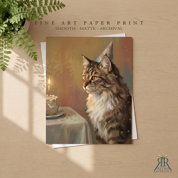 Custom cat portrait of a cat beside a birthday cake wearing a small party hat as a framed fine art paper print