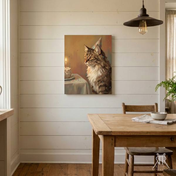 Custom cat portrait of a cat beside a birthday cake wearing a small party hat, framed and hanging on a wall at home