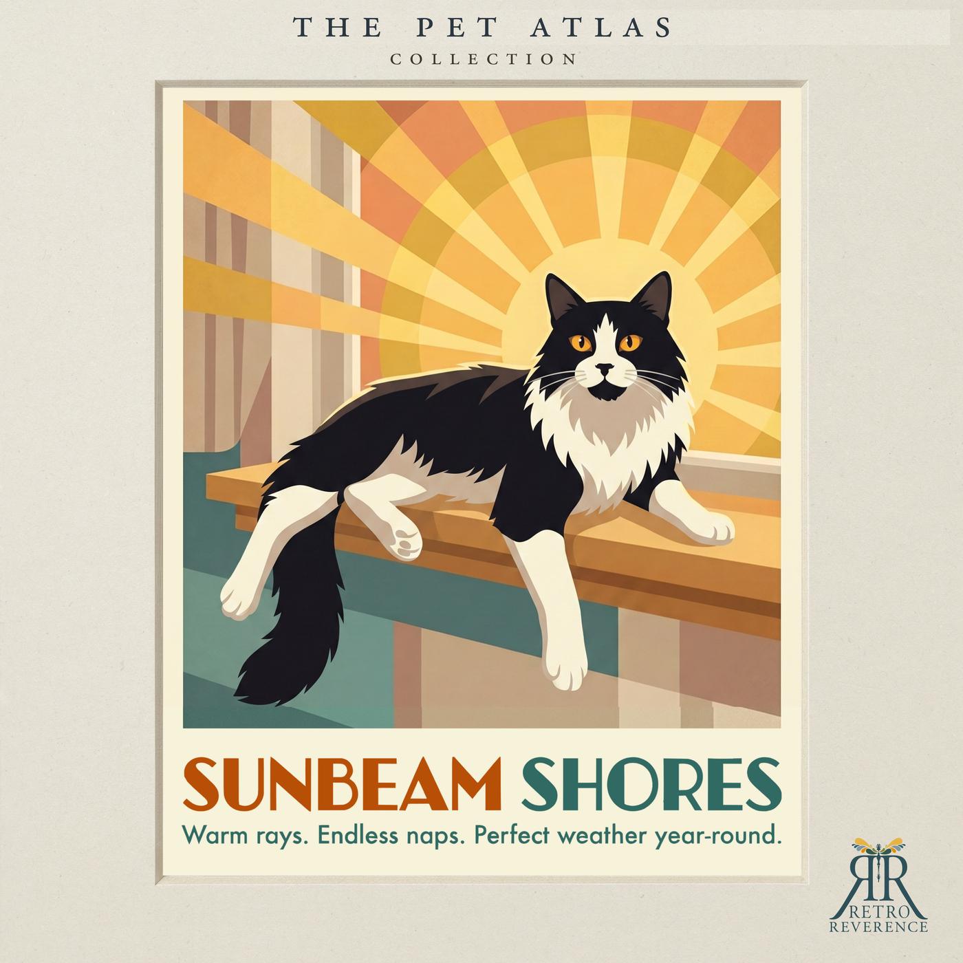 Custom cat travel poster: Sunbeam Shores, Warm rays. Endless naps. Perfect weather year-round. Retro travel poster art of a cat.