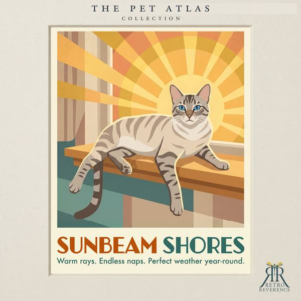Custom cat travel poster: Sunbeam Shores, Warm rays. Endless naps. Perfect weather year-round. Retro travel poster art of a cat.