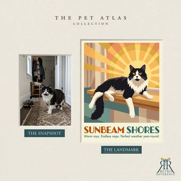 Before and after: a customer photo of their cat beside the finished Sunbeam Shores travel poster.