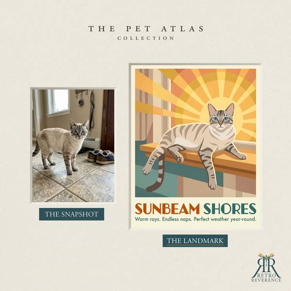Before and after: a customer photo of their cat beside the finished Sunbeam Shores travel poster.