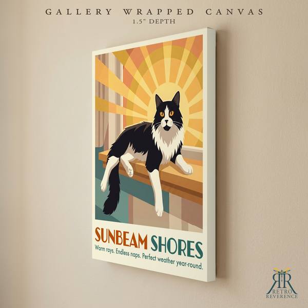 Sunbeam Shores custom cat travel poster as a gallery wrapped canvas with finished edges.