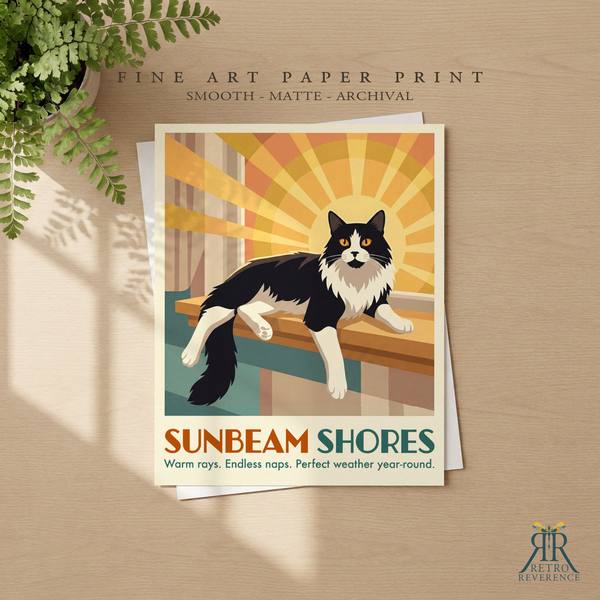 Sunbeam Shores custom cat travel poster as a framed fine art paper print.