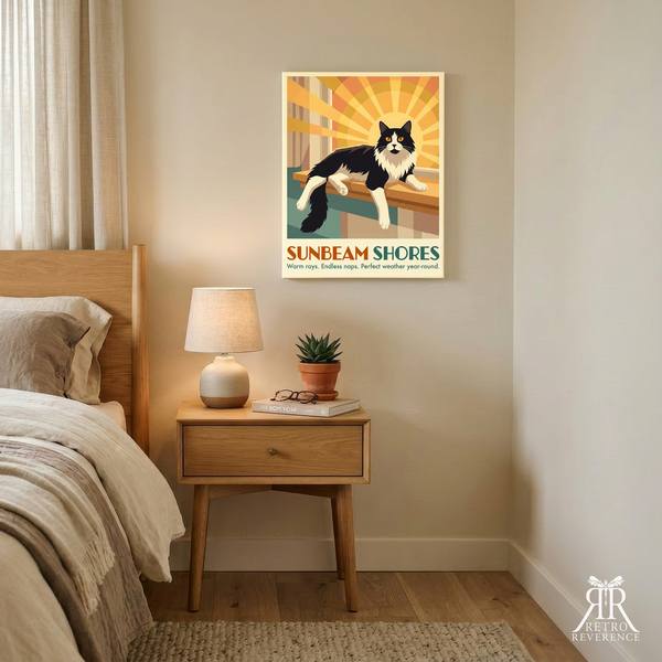 Sunbeam Shores custom cat travel poster, framed and hanging on a wall at home.
