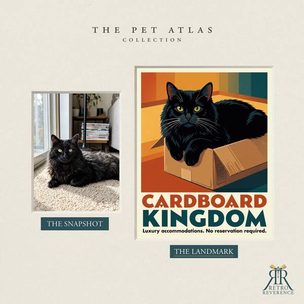 Before and after: a customer photo of their cat beside the finished Cardboard Kingdom travel poster.