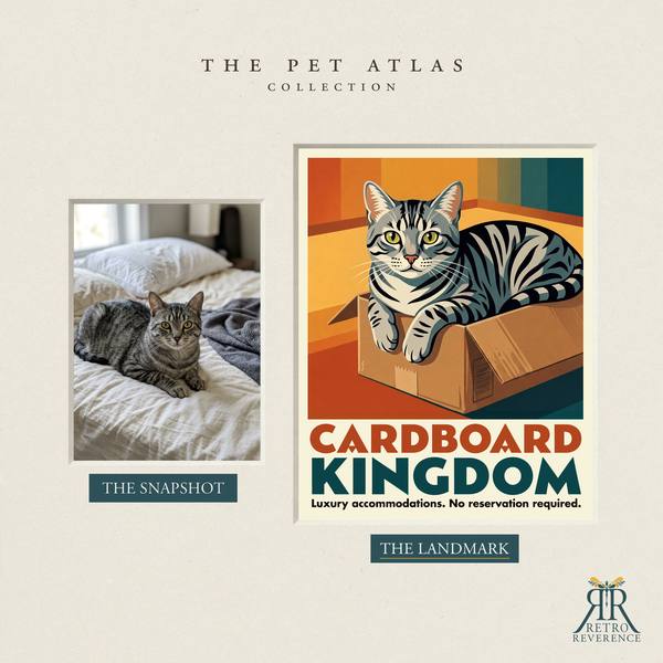 Before and after: a customer photo of their cat beside the finished Cardboard Kingdom travel poster.