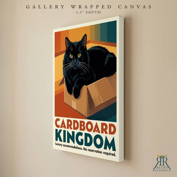 Cardboard Kingdom custom cat travel poster as a gallery wrapped canvas with finished edges.