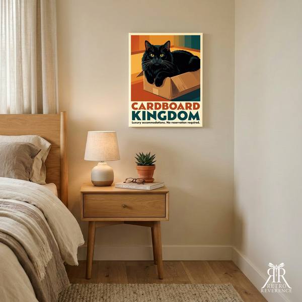 Cardboard Kingdom custom cat travel poster, framed and hanging on a wall at home.