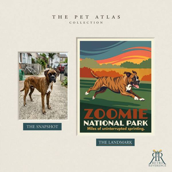 Before and after: a customer photo of their dog beside the finished Zoomie National Park travel poster.