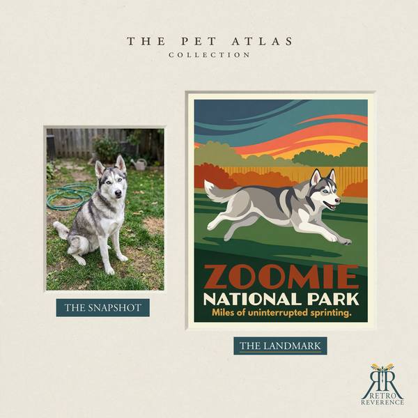Before and after: a customer photo of their dog beside the finished Zoomie National Park travel poster.