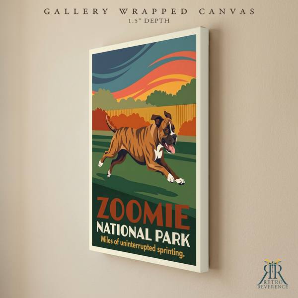 Zoomie National Park custom dog travel poster as a gallery wrapped canvas with finished edges.